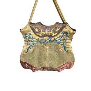 Ovoo VTG 90s Suede Leather & Satin Hand Embroidered Crossbody Shoulder Bag Green